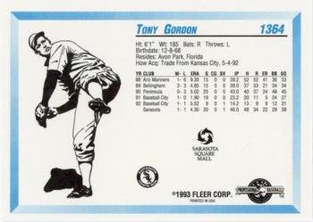 1993 Fleer ProCards Sarasota White Sox SGA #1364 Tony Gordon Back