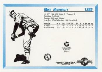 1993 Fleer ProCards Sarasota White Sox SGA #1365 Mike Heathcott Back