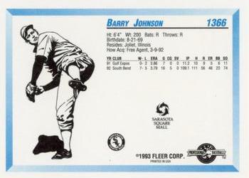 1993 Fleer ProCards Sarasota White Sox SGA #1366 Barry Johnson Back