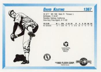 1993 Fleer ProCards Sarasota White Sox SGA #1367 David Keating Back