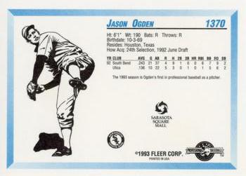 1993 Fleer ProCards Sarasota White Sox SGA #1370 Jason Ogden Back