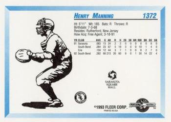 1993 Fleer ProCards Sarasota White Sox SGA #1372 Henry Manning Back