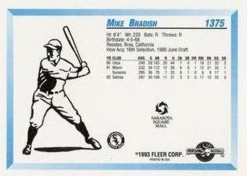 1993 Fleer ProCards Sarasota White Sox SGA #1375 Mike Bradish Back