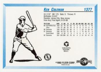 1993 Fleer ProCards Sarasota White Sox SGA #1377 Ken Coleman Back