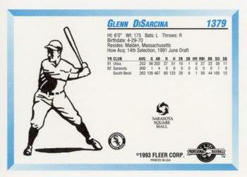 1993 Fleer ProCards Sarasota White Sox SGA #1379 Glenn DiSarcina Back