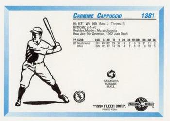 1993 Fleer ProCards Sarasota White Sox SGA #1381 Carmine Cappuccio Back