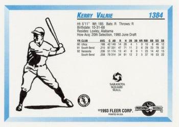 1993 Fleer ProCards Sarasota White Sox SGA #1384 Kerry Valrie Back