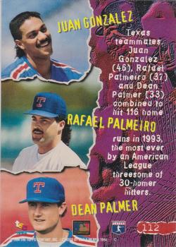 1994 Stadium Club - First Day Issue #112 Juan Gonzalez / Rafael Palmeiro / Dean Palmer Back