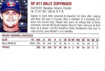2004 Rogers Winnipeg Goldeyes SGA #NNO Billy Zoffinger Back