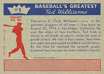 1959 Fleer Ted Williams #1 Ted Williams Back