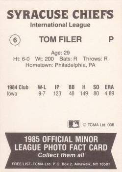1987 TCMA Collectors Kits Reprints - 1985 Syracuse Chiefs #6 Tom Filer Back