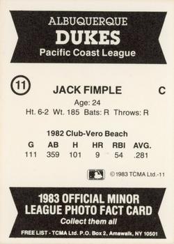 1987 TCMA Collectors Kits Reprints - 1983 Albuquerque Dukes #11 Jack Fimple Back