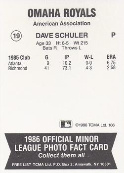 1987 TCMA Collectors Kits Reprints - 1986 Omaha Royals #19 Dave Schuler Back