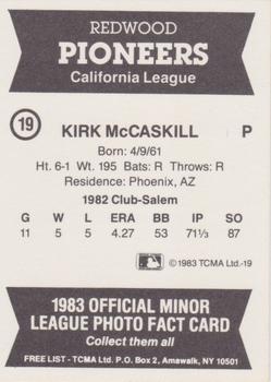 1987 TCMA Collectors Kits Reprints - 1983 Redwood Pioneers #19 Kirk McCaskill Back