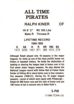 1987 TCMA Collectors Kits Reprints - 1986 All-Time Pittsburgh Pirates - Color #5-PIR Ralph Kiner Back
