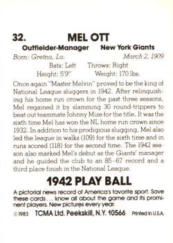 1987 TCMA Collectors Kits Reprints - 1983 1942 Play Ball #32 Mel Ott Back