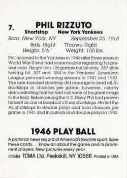 1987 TCMA Collectors Kits Reprints - 1984 1946 Play Ball #7 Phil Rizzuto Back