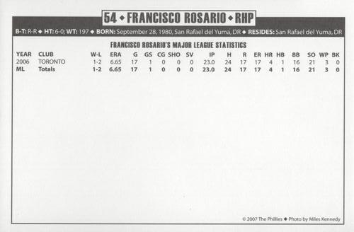 2007 Philadelphia Phillies Photo Cards - Update #NNO Francisco Rosario Back