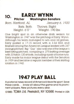 1987 TCMA Collectors Kits Reprints - 1985 1947 Play Ball #10 Early Wynn Back
