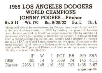 1987 TCMA Collectors Kits Reprints - 1980 1959 Los Angeles Dodgers Black & White #1980-029 Johnny Podres Back