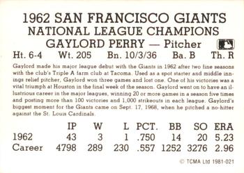 1987 TCMA Collectors Kits Reprints - 1981 1962 San Francisco Giants #1981-021 Gaylord Perry Back