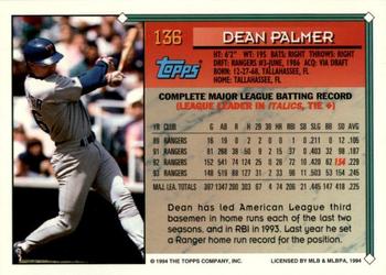 1994 Topps #136 Dean Palmer Back