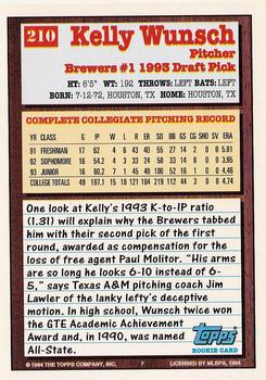 1994 Topps #210 Kelly Wunsch Back