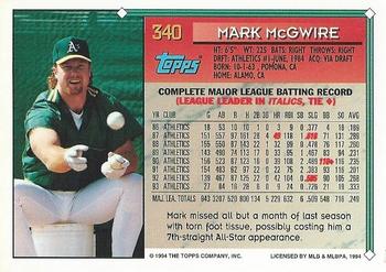 1994 Topps #340 Mark McGwire Back