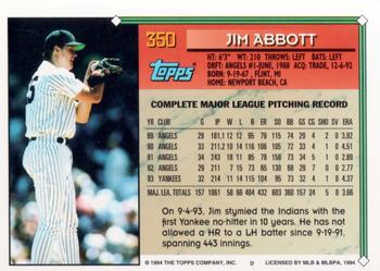 1994 Topps #350 Jim Abbott Back