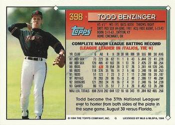 1994 Topps #398 Todd Benzinger Back