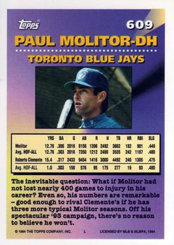1994 Topps #609 Paul Molitor Back