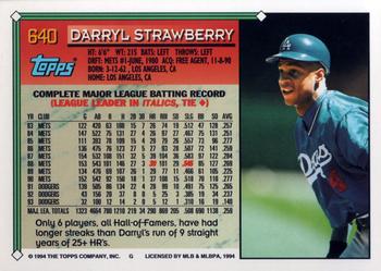1994 Topps #640 Darryl Strawberry Back