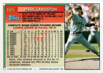 1994 Topps #665 Mark Langston Back