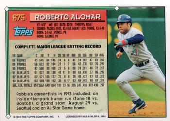 1994 Topps #675 Roberto Alomar Back