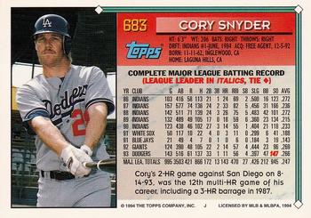 1994 Topps #683 Cory Snyder Back