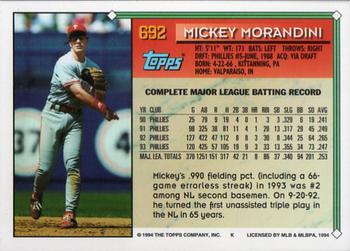 1994 Topps #692 Mickey Morandini Back