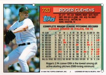 1994 Topps #720 Roger Clemens Back