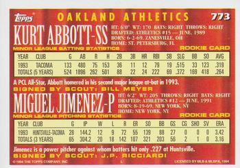 1994 Topps #773 Kurt Abbott / Miguel Jimenez Back
