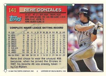 1994 Topps #141 Rene Gonzales Back
