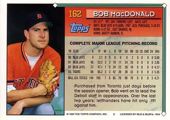 1994 Topps #162 Bob MacDonald Back