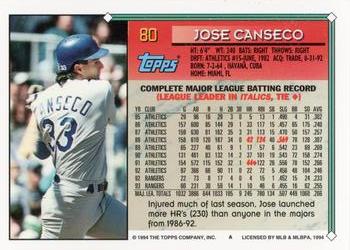1994 Topps #80 Jose Canseco Back
