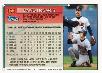 1994 Topps #156 David McCarty Back