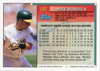 1994 Topps #188 Mike Bordick Back