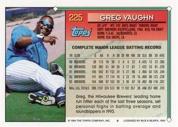 1994 Topps #225 Greg Vaughn Back