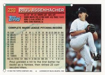 1994 Topps #239 Paul Assenmacher Back