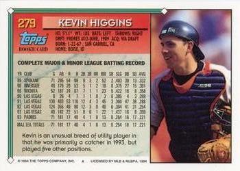1994 Topps #279 Kevin Higgins Back