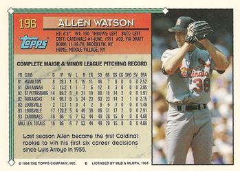 1994 Topps #196 Allen Watson Back