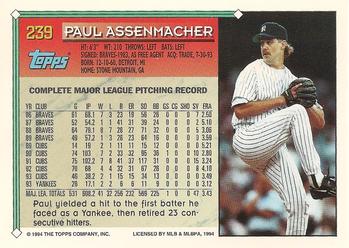 1994 Topps #239 Paul Assenmacher Back