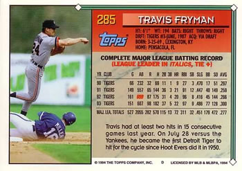 1994 Topps #285 Travis Fryman Back