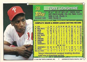 1994 Topps #28 Tony Longmire Back